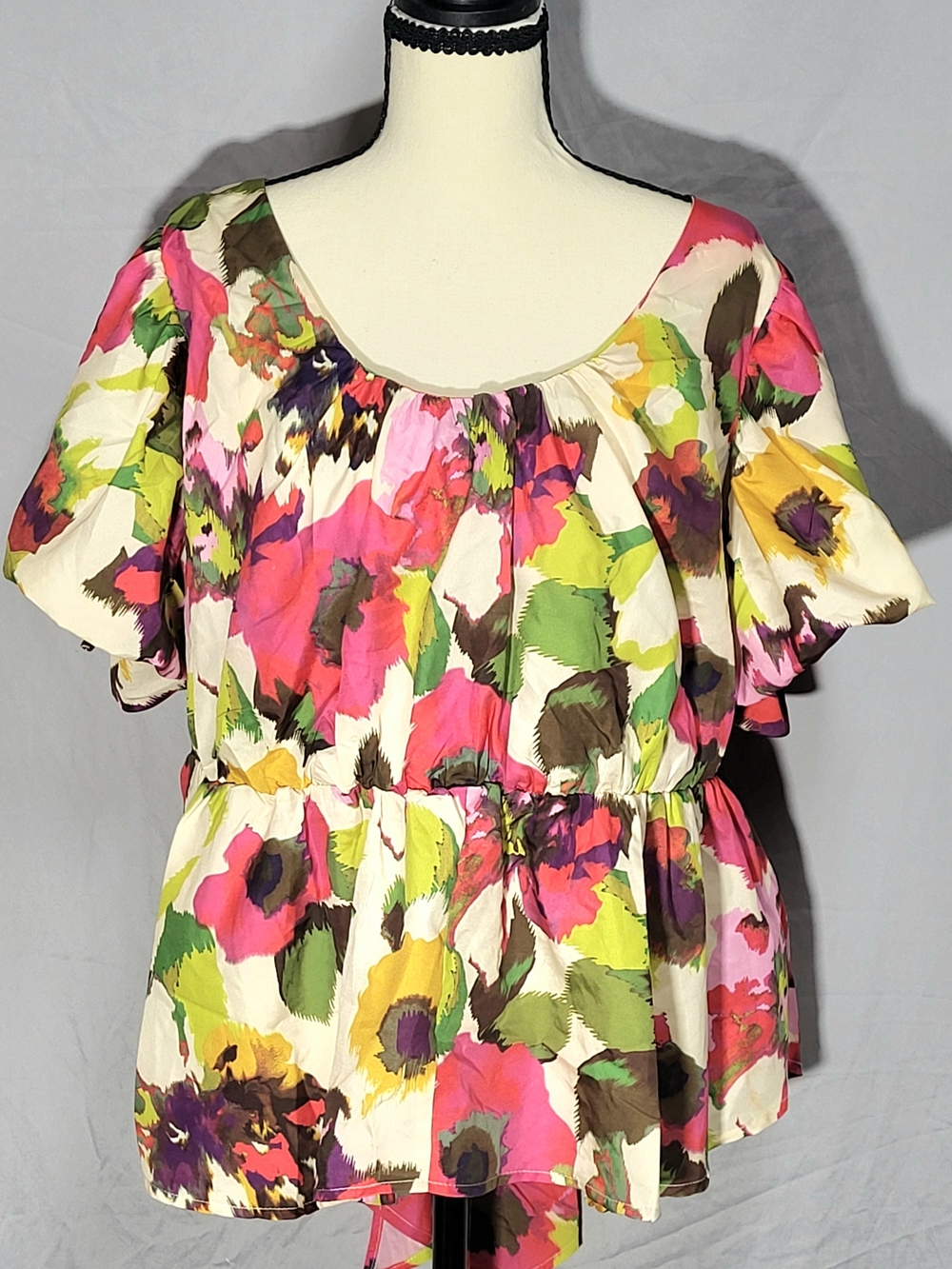 Us Together Floral Drawstring Peplum Blouse Two Bows Size 1X